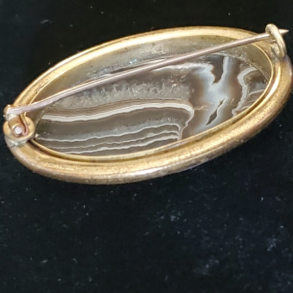 Antique Victorian Banded Agate Engaved Frame Brooch Laye 1800's - Picture 6 of 8